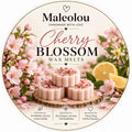 Maleolou Cherry Blossom Wax Melts Duftetikett mit Kirschblüten, Zitrone und Angaben zu Kopf-, Herz- und Basisnoten