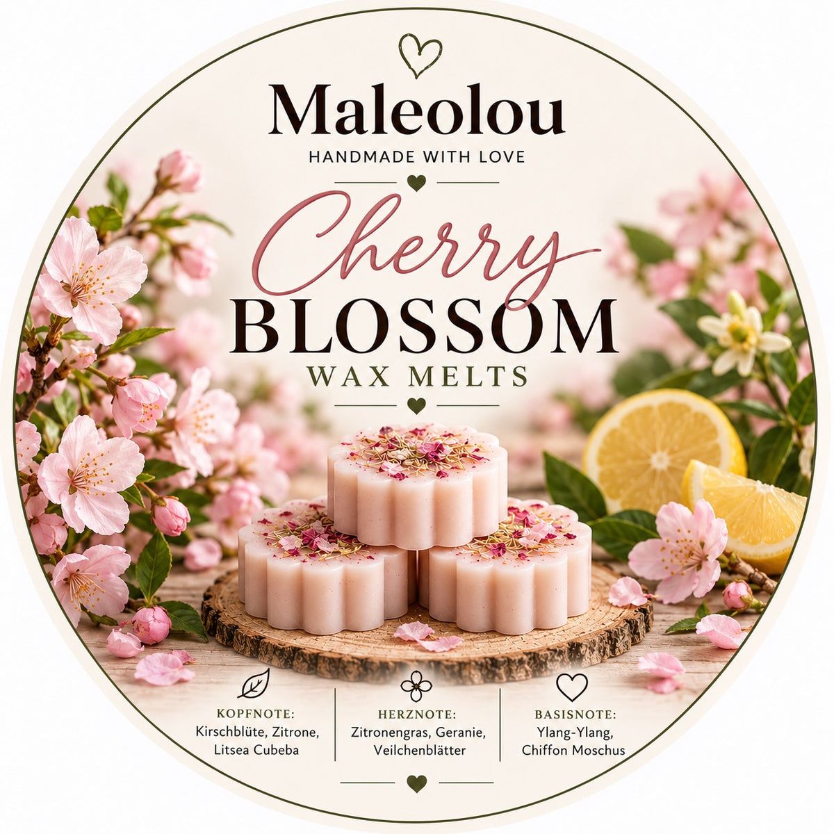 Maleolou Cherry Blossom Wax Melts Duftetikett mit Kirschblüten, Zitrone und Angaben zu Kopf-, Herz- und Basisnoten