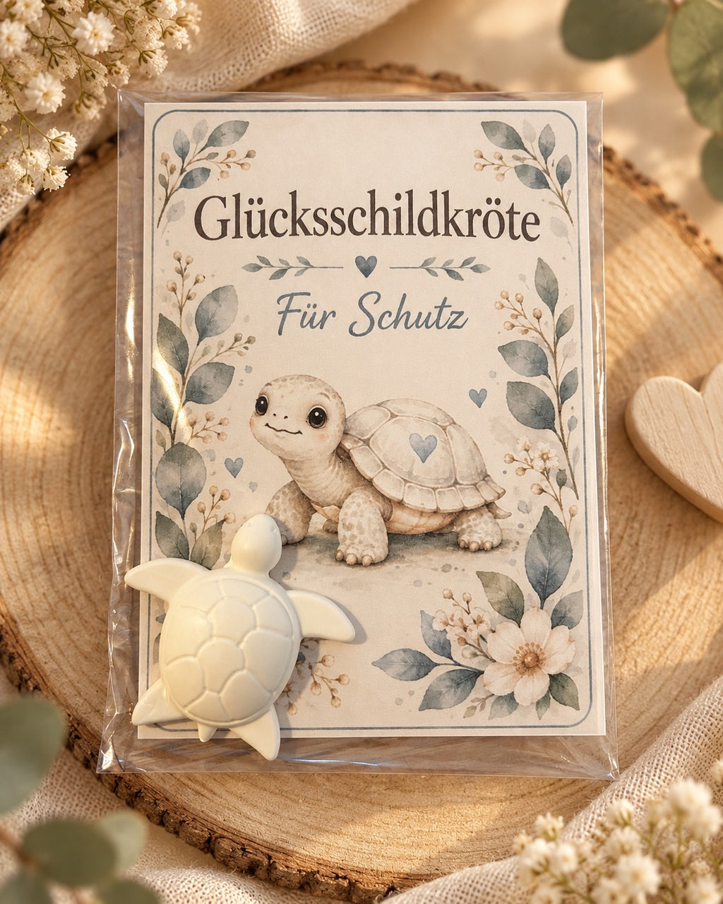 Glücksschildkröte auf floraler Wunschkarte Für Liebe