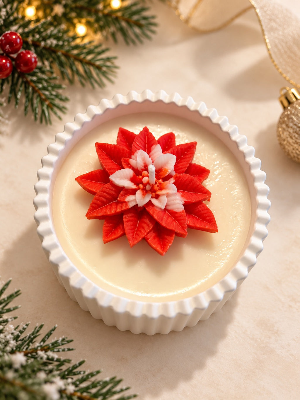 Weihnachtsstern-Kerze mit rot-weißer Blüte in weißer Schale