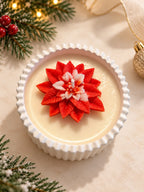 Weihnachtsstern-Kerze mit rot-weißer Blüte in weißer Schale