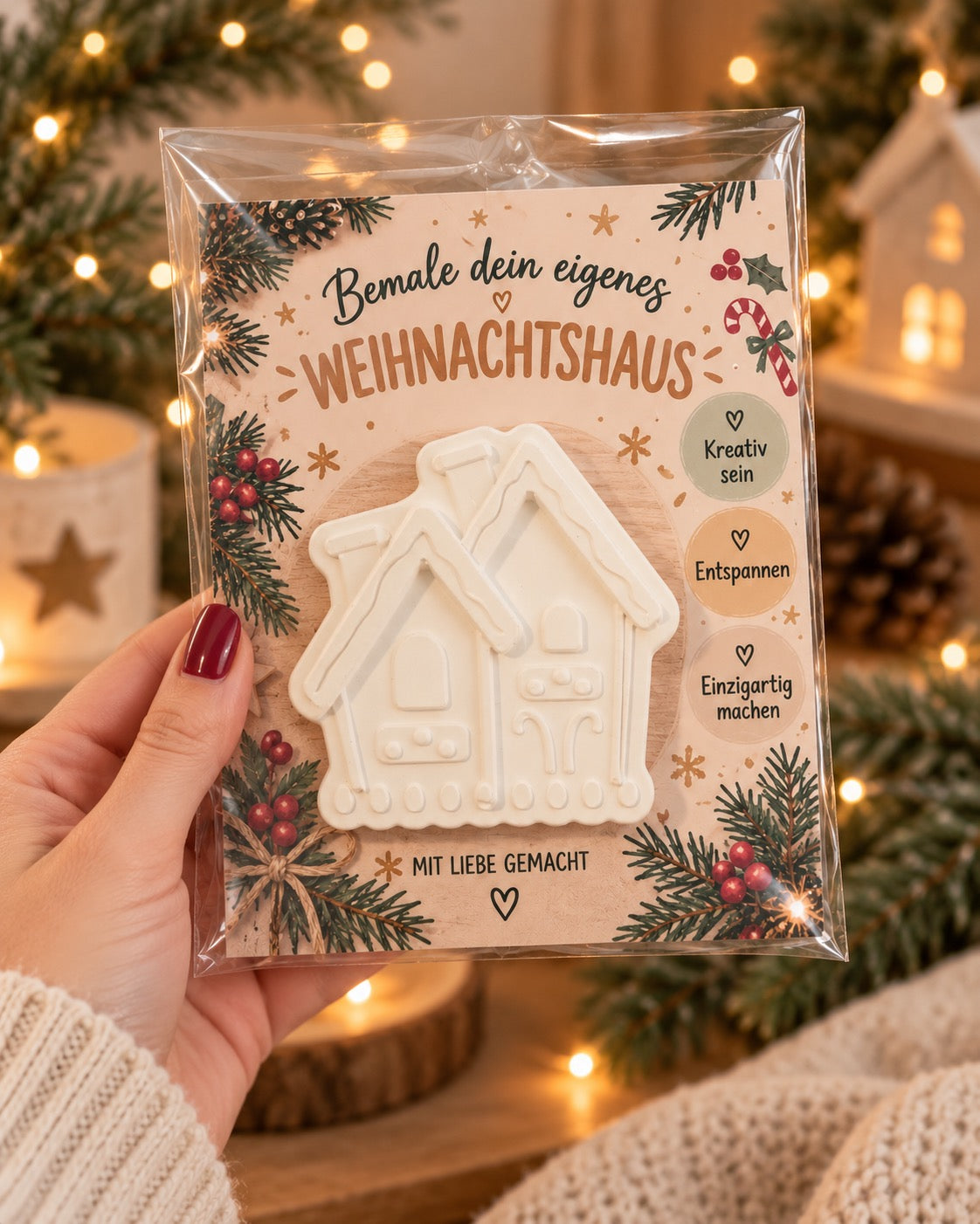 Weißes Weihnachtshaus zum Bemalen auf einer weihnachtlich gestalteten Karte in transparenter Verpackung