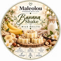 Maleolou Banana Shake Wax Melts Etikett mit Bananenmotiv, Duftnoten und Angaben zu veganem Sojawachs