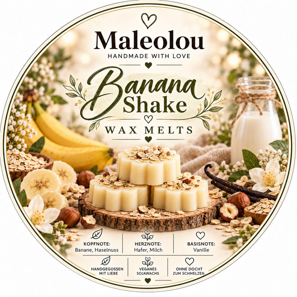 Maleolou Banana Shake Wax Melts Etikett mit Bananenmotiv, Duftnoten und Angaben zu veganem Sojawachs