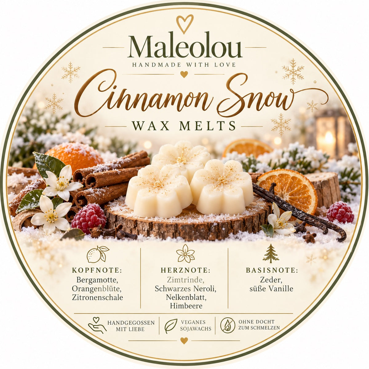 Maleolou Cinnamon Snow Wax Melts Etikett mit winterlichem Motiv und Angaben zu Duftnoten und veganem Sojawachs