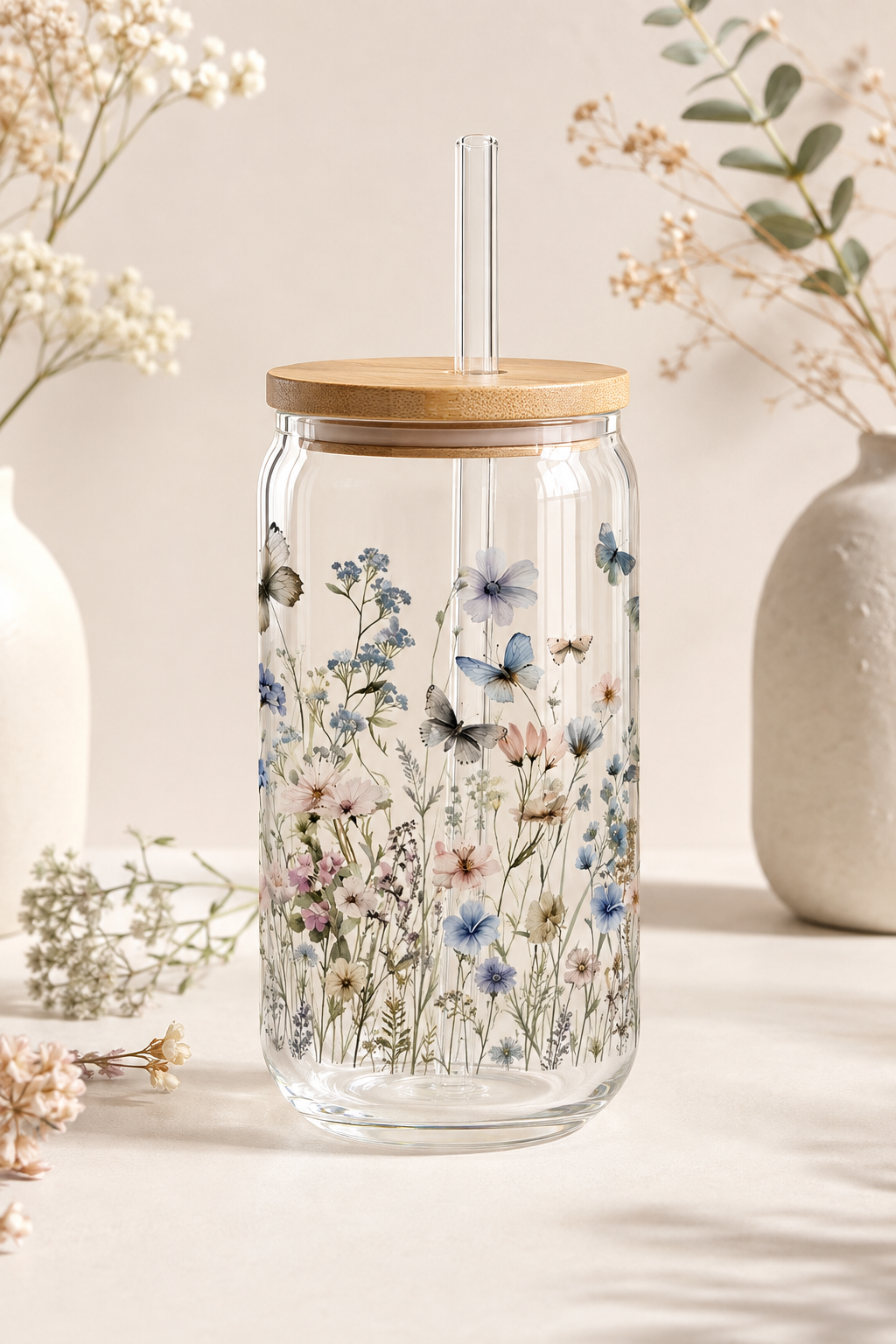 Trinkglas mit Deckel & Glashalm – 4 Motive