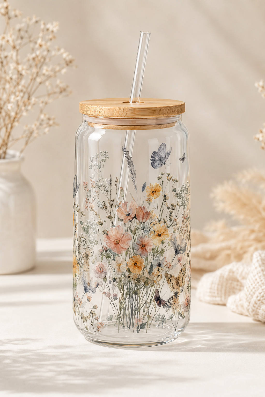 Trinkglas mit Deckel & Glashalm – 4 Motive