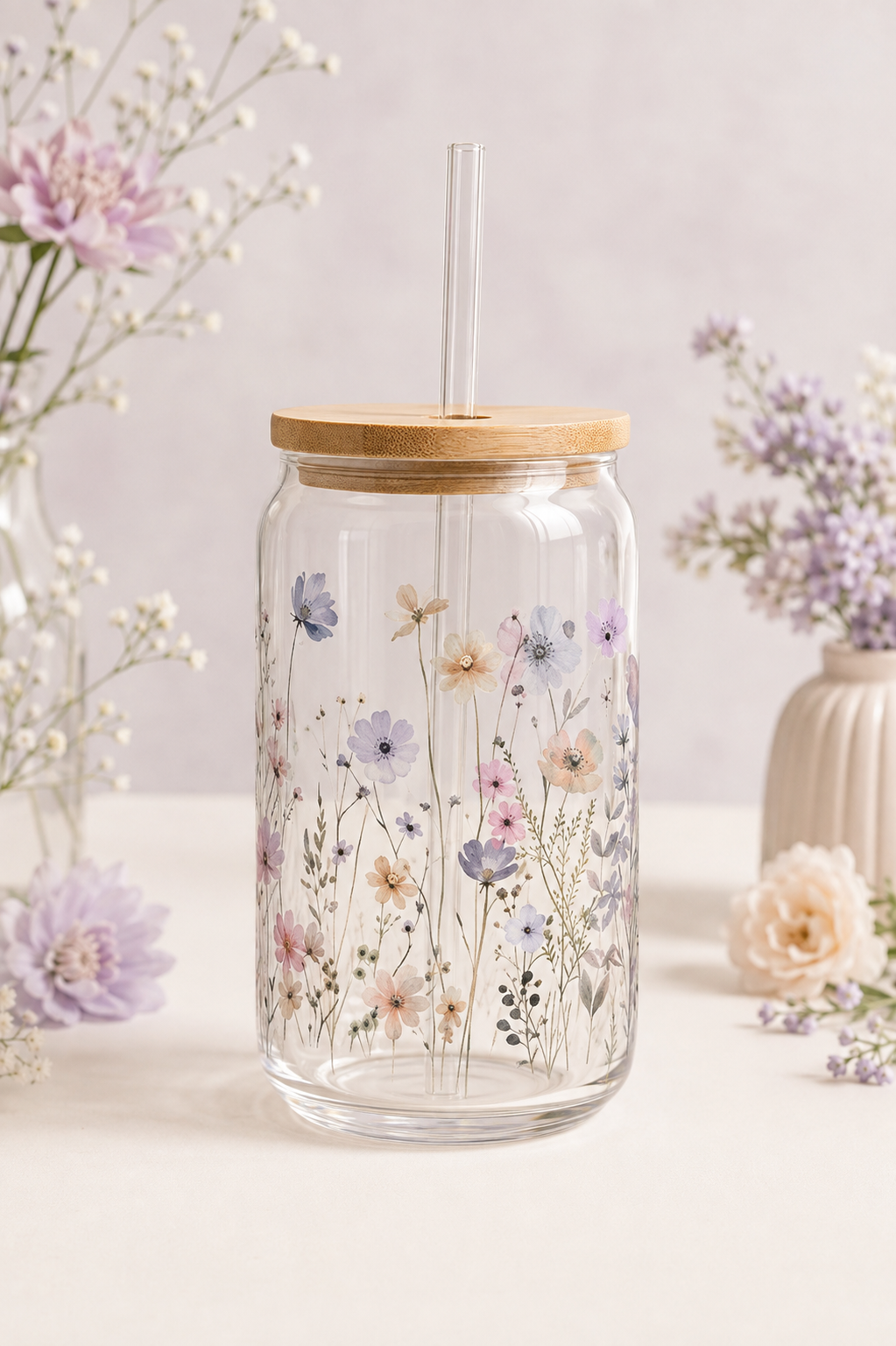 Trinkglas mit Deckel & Glashalm – 4 Motive