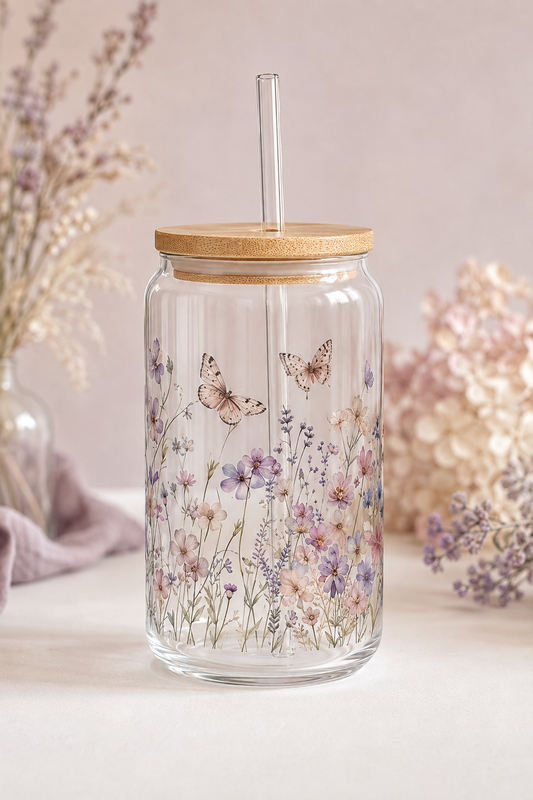 Trinkglas mit Deckel & Glashalm – 4 Motive