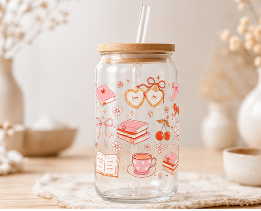 Trinkglas mit 4 Motive | Bambusdeckel & Glashalm