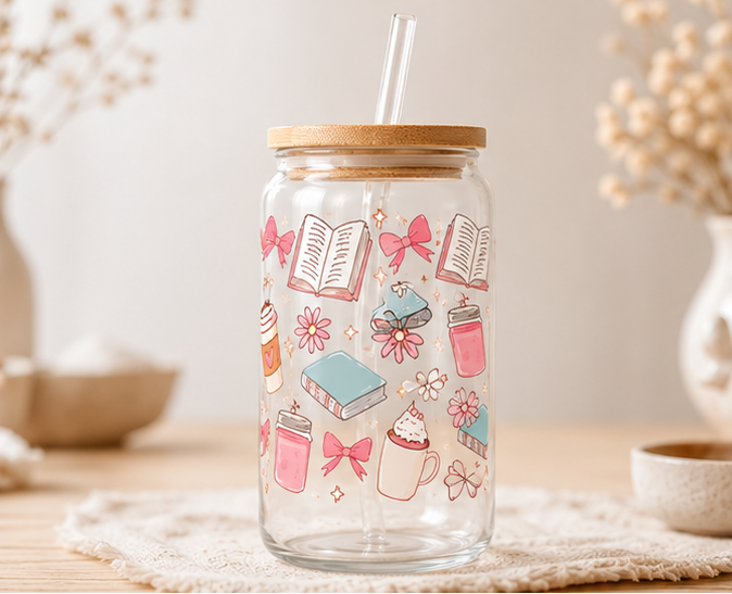 Trinkglas mit 4 Motive | inkl. Bambudeckel & Glashalm