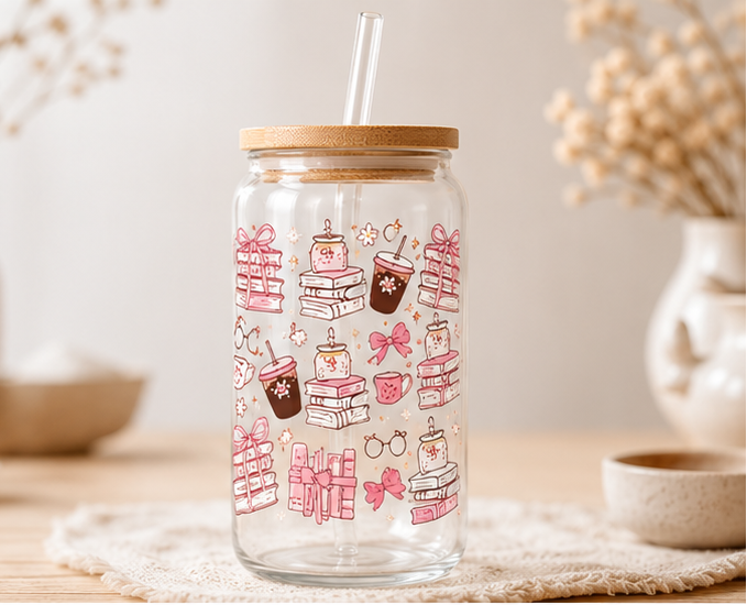 Trinkglas mit 4 Motive | inkl. Bambudeckel & Glashalm