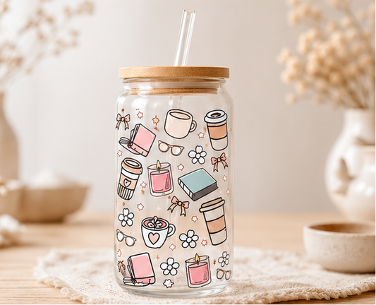 Trinkglas mit 4 Motive | Bambusdeckel & Glashalm